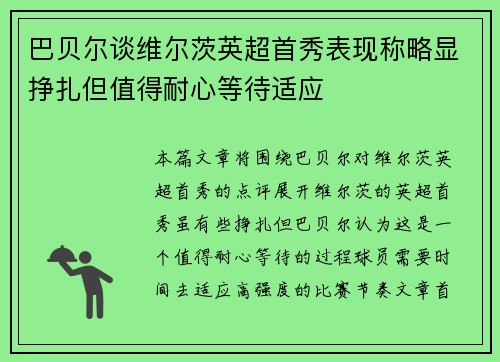 巴贝尔谈维尔茨英超首秀表现称略显挣扎但值得耐心等待适应